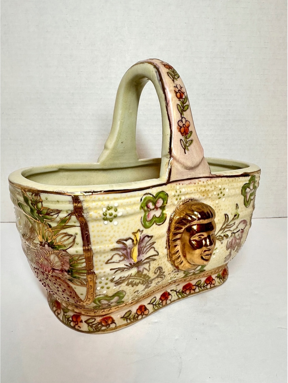 Antique 8” Ceramic Peanut Basket Base with Hand‑Painted Floral Decoration